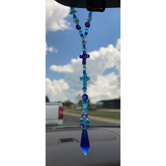 Beaded Suncatcher Rearview Mirror Ornament Cross Blue Crystal Prism Car Charm - Picture 5 of 9
